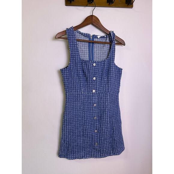 Day + Moon Blue Tweed Button Front Mini Dress Women’s Size M Square Neck - Picture 2 of 4